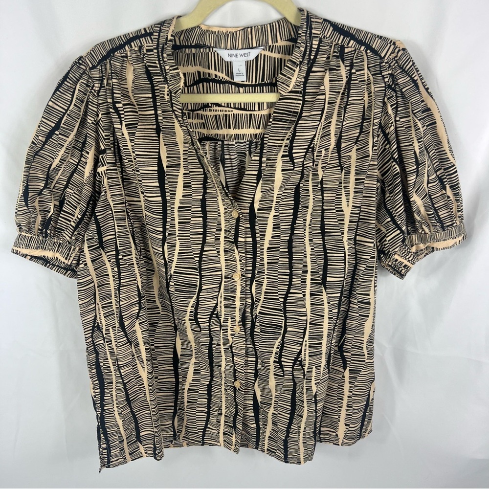 Nine West Beige and Black Patterned Button Down Blouse